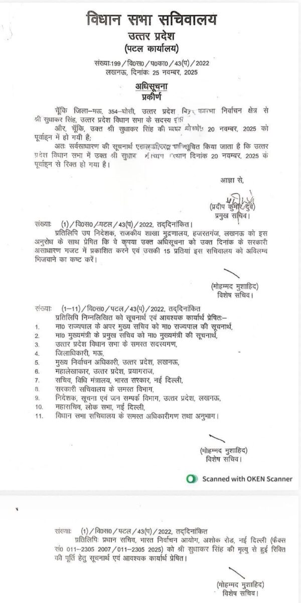 UP Byelection: यूपी में फिर उपचुनाव की आहट, घोसी सीट को विधानसभा सचिवालय ने घोषित किया रिक्त विधानसभा सचिवालय ने जारी की अधिसूचना