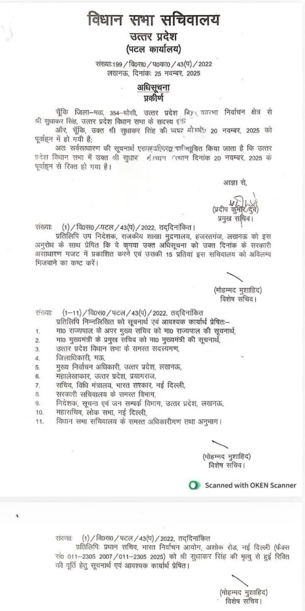 UP Byelection: यूपी में फिर उपचुनाव की आहट, घोसी सीट को विधानसभा सचिवालय ने घोषित किया रिक्त विधानसभा सचिवालय ने जारी की अधिसूचना