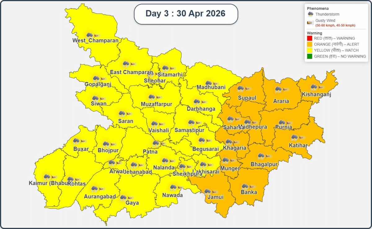 तैयार हो जाइए बिहार! IMD ने जारी किया ऑरेंज अलर्ट, तेज आंधी और बिजली गिरने का खतरा तैयार हो जाइए बिहार! IMD ने जारी किया ऑरेंज अलर्ट, तेज आंधी और बिजली गिरने का खतरा Bihar Rain Alert 5