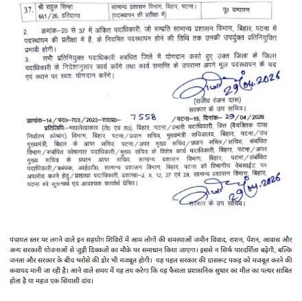 बिहार में 37 अफसरों को बड़ी जिम्मेदारी, पंचायत-पंचायत पहुंचेगा प्रशासन, 3 महीने तक चलेंगे स्पेशल कैंप बिहार में 37 अफसरों को बड़ी जिम्मेदारी, पंचायत-पंचायत पहुंचेगा प्रशासन, 3 महीने तक चलेंगे स्पेशल कैंप Bihar news 28
