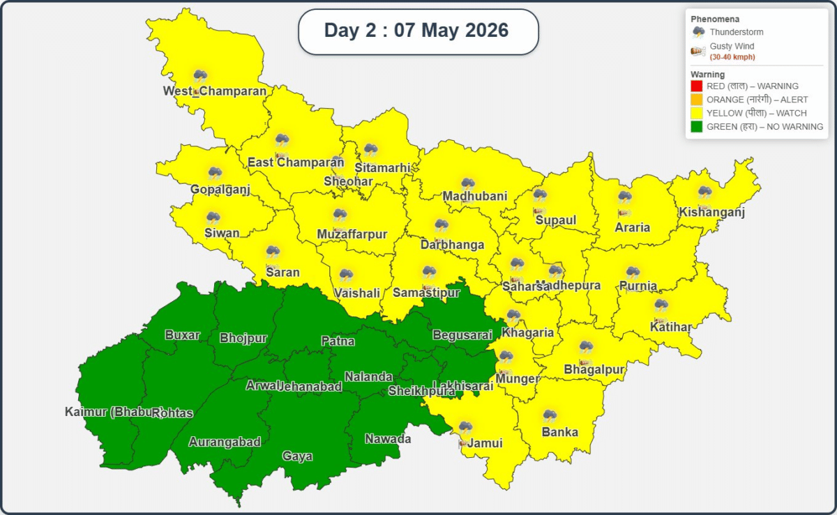 बिहार में मौसम का कहर जारी, 24 जिलों में आंधी-बारिश और ओलावृष्टि की चेतावनी बिहार में मौसम का कहर जारी, 24 जिलों में आंधी-बारिश और ओलावृष्टि की चेतावनी Bihar Rain Alert 8