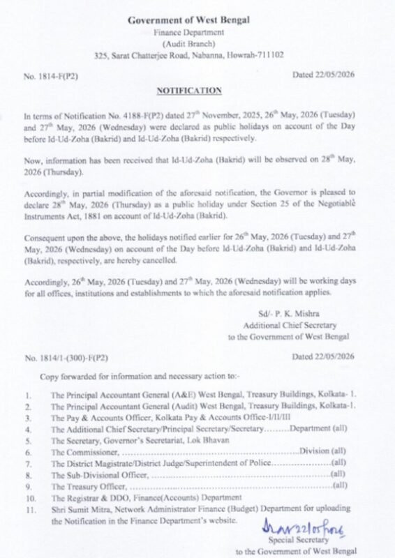 पश्चिम बंगाल में ईद अवकाश को लेकर नया आदेश, अब सिर्फ 1 दिन की छुट्टी पश्चिम बंगाल में ईद अवकाश को लेकर नया आदेश, अब सिर्फ 1 दिन की छुट्टी Eid Holiday Update