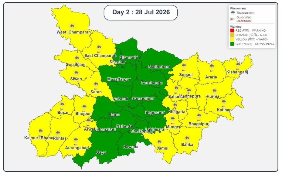 बिहार के 23 जिलों में आज येलो अलर्ट, बारिश के साथ तेज हवा और बिजली गिरने की आशंका Bihar Rain Alert 14